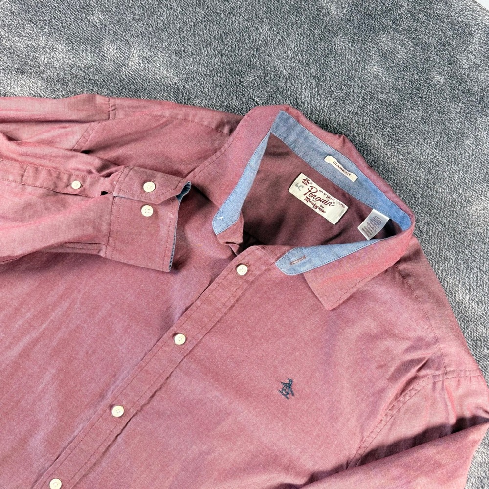 Original Penguin Mens XL Classic Fit Burgundy Chambray Button Down Shirt